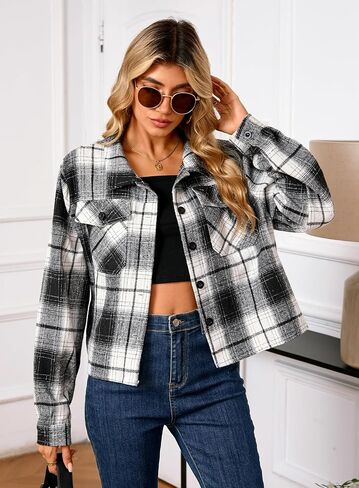 Shawnda Women's Flannel Shacket Cropped Jacket Fashion Plaid Button Down Shirt Jacket Tops in Saudi Arabia