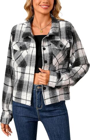 Shawnda Women's Flannel Shacket Cropped Jacket Fashion Plaid Button Down Shirt Jacket Tops in Saudi Arabia
