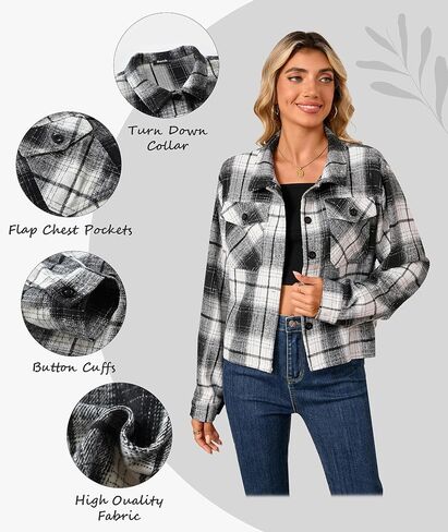 Shawnda Women's Flannel Shacket Cropped Jacket Fashion Plaid Button Down Shirt Jacket Tops in Saudi Arabia
