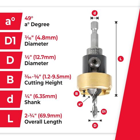 Amana Tool 82 Degree Countersink with Drill Bit Depth Stop and No-Thrust Ball Bearing, 55242, 1/2 D x 3/16 Drill D x 1/4 Inch Quick Release Hex Shank in Saudi Arabia