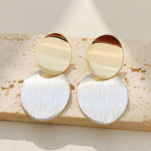 Gold Silver Round Disc Dangle Earrings Minimalist Circle Geometric Statement Drop Earrings for Women Girls Gift in Saudi Arabia