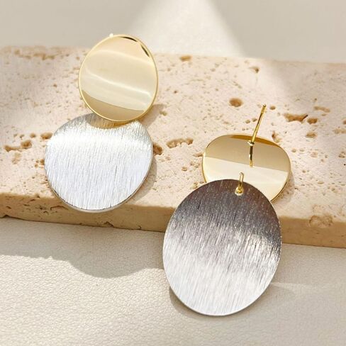Gold Silver Round Disc Dangle Earrings Minimalist Circle Geometric Statement Drop Earrings for Women Girls Gift in Saudi Arabia