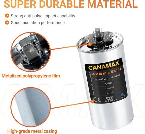 Canamax 45+10 uf ± 5% MFD 370 Or 440V Round Run Capacitor - Replacement for Air Conditioner 50/60Hz for AC Motor Run or Fan Start and Cool or Heat Pump Air Conditioner in Saudi Arabia