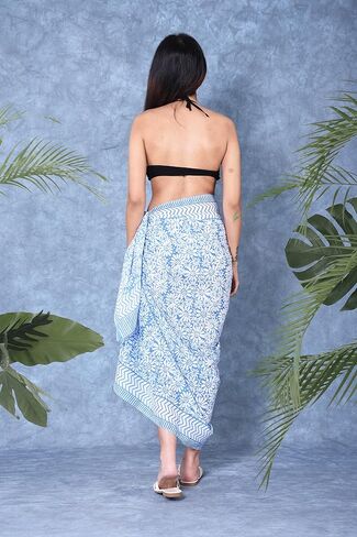 FIKIMOS Cotton Hand Block Print Sarong Swimsuit Wrap Cover Up Long Women Cloth (73" x 44") Blue - 7 in Saudi Arabia