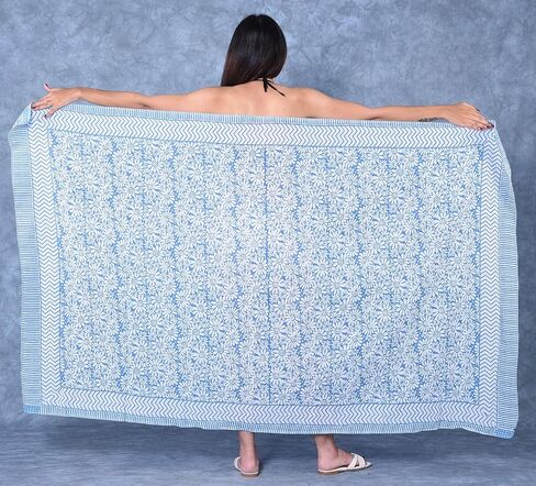 FIKIMOS Cotton Hand Block Print Sarong Swimsuit Wrap Cover Up Long Women Cloth (73" x 44") Blue - 7 in Saudi Arabia
