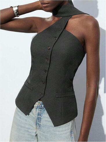 MakeMeChic Women's Backless Halter Tops Button Down Sleeveless Vest with Scarf in Saudi Arabia