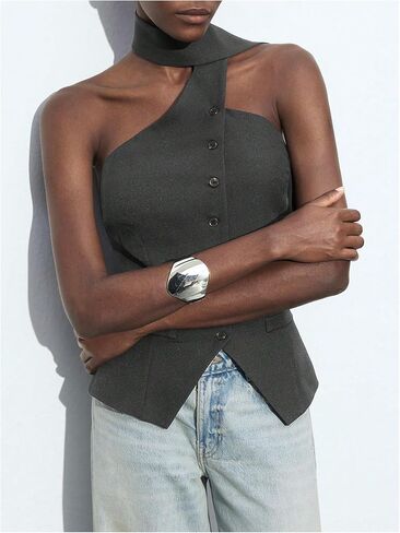 MakeMeChic Women's Backless Halter Tops Button Down Sleeveless Vest with Scarf in Saudi Arabia