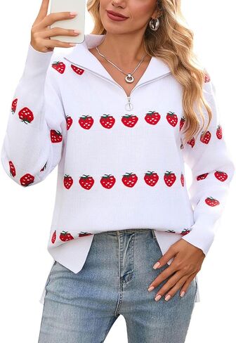 Alsol Lamesa Women's Quarter Zip Collar Pullover Long Sleeve Heart Sweater Side Split Knit Sweaters in Kuwait