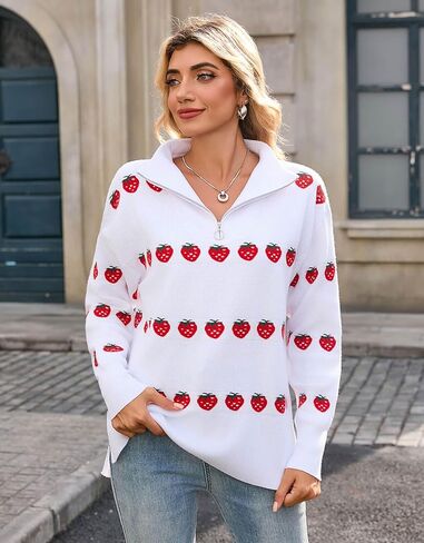 Alsol Lamesa Women's Quarter Zip Collar Pullover Long Sleeve Heart Sweater Side Split Knit Sweaters in Kuwait