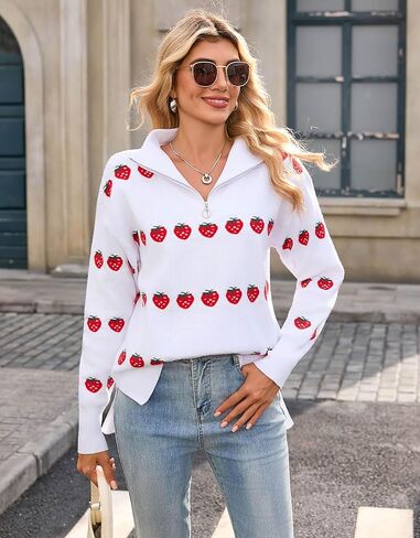Alsol Lamesa Women's Quarter Zip Collar Pullover Long Sleeve Heart Sweater Side Split Knit Sweaters in Kuwait