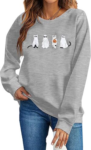 MNLYBABY Halloween Cat Sweatshirt Women Funny Cat Ghost Graphic Shirt Gifts Spooky Long Sleeve Crewneck Shirt Tops in Kuwait