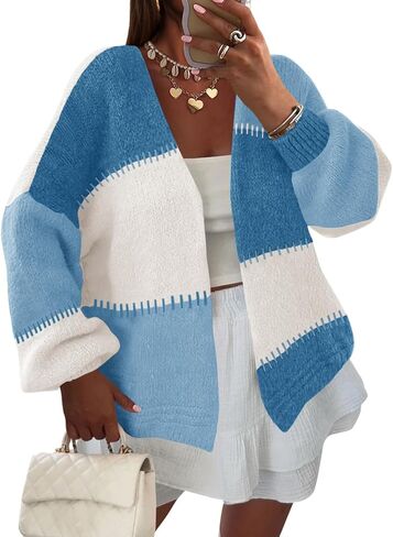 Yousify Women's Color Block Cardigan Sweaters Casual Open Front Chunky Fuzzy Knit Long Puff Sleeve Loose Fall Outerwear in Saudi Arabia