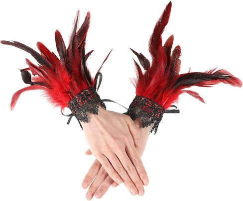 COMNICO Women's Feather Wrist Cuffs Floral Lace Wings Bracelets Black Gothic Mesh Wristband for Cosplay Halloween Costume in Kuwait
