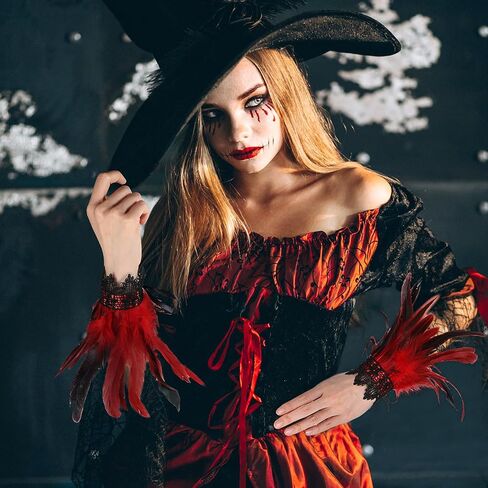 COMNICO Women's Feather Wrist Cuffs Floral Lace Wings Bracelets Black Gothic Mesh Wristband for Cosplay Halloween Costume in Kuwait