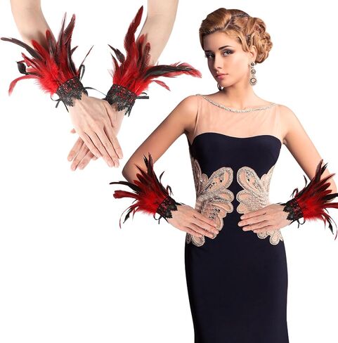 COMNICO Women's Feather Wrist Cuffs Floral Lace Wings Bracelets Black Gothic Mesh Wristband for Cosplay Halloween Costume in Kuwait