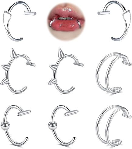 MODRSA Silver Fake Lip Piercing Fake Lip Ring Cuffs Clip on Faux Snake Bites Hoops non Piercings Jewelry Silver Black for Halloween Jewelry Spike Clip Double Hoop in Saudi Arabia