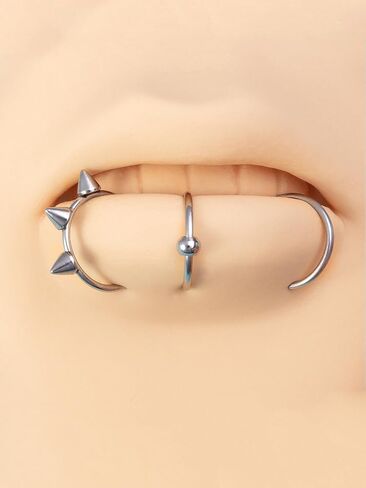MODRSA Silver Fake Lip Piercing Fake Lip Ring Cuffs Clip on Faux Snake Bites Hoops non Piercings Jewelry Silver Black for Halloween Jewelry Spike Clip Double Hoop in Saudi Arabia