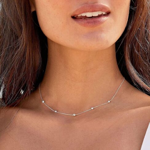 LecAit 14K Gold Plated Station Necklace for Women | CZ Diamond Choker Necklaces Gold | Simulated Diamond BTY Necklace | Gold Cubic Zirconia Chain Choker Necklaces for Women in Kuwait