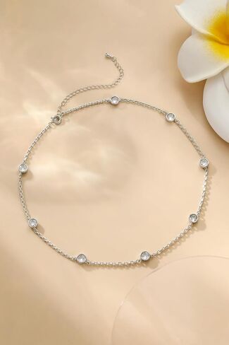 LecAit 14K Gold Plated Station Necklace for Women | CZ Diamond Choker Necklaces Gold | Simulated Diamond BTY Necklace | Gold Cubic Zirconia Chain Choker Necklaces for Women in Kuwait