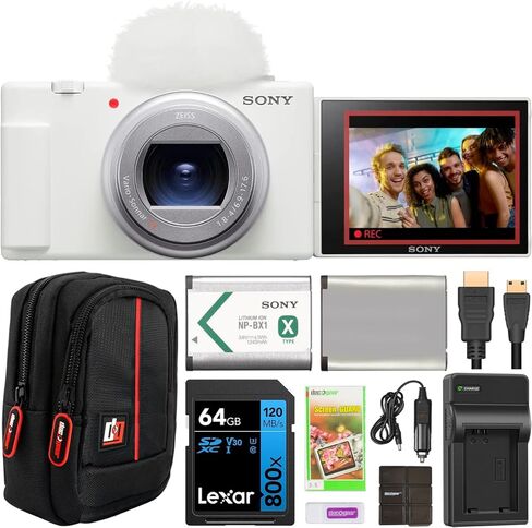 Sony ZV-1 II Vlog Camera with 4K Video & 20.1MP for Content Creators and Vloggers White ZV-1M2/W Bundle with ACCVC1 Kit Including GP-VPT2BT Tripod/Grip + Deco Gear Case + LED +64GB Card & Accessories in Kuwait