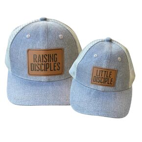 Raising Disciples Father Son Matching Hats, Leather Patch Snapback Hat Dad And Son Matching Caps, Fathers Day Gift For Christian Dad, Religious Gift For Dad Hat Mesh, Family Daddy and Me Hats.