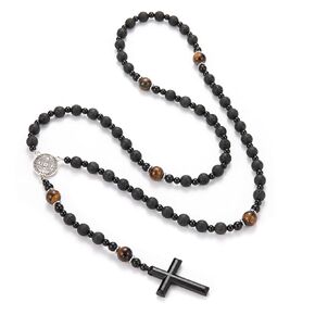 Black Rosary for Men, Christian Rosary Bead Cross Necklace, Matte Agate Beads Cross Pendant Necklace for Men, Praying Rosary Y Chain Necklace Jewelry (W)