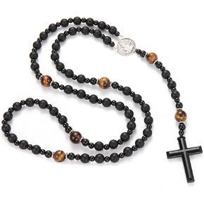 Black Rosary for Men, Christian Rosary Bead Cross Necklace, Matte Agate Beads Cross Pendant Necklace for Men, Praying Rosary Y Chain Necklace Jewelry (W) in Saudi Arabia