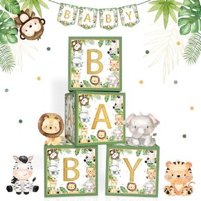 Safari Jungle Baby Shower Decorations Baby Boxes with Letters, 4Pcs Large Green Animals Boys Baby Shower Boxes Blocks and Baby Banner Party Decor