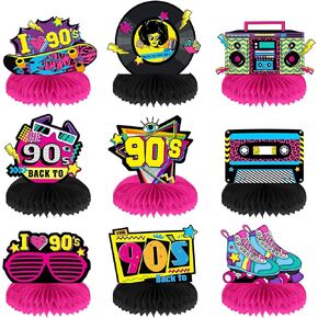 9 Pieces 90's Retro Party Supplies Kit 90's Retro Honeycomb Centerpieces Back to 90s Table Centerpieces Table Toppers Vintage Table Decorations for 90s Themed Nostalgic Party