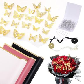 20 Sheets Flower Wrapping Bouquet Paper Floral Wrapping Paper Sheets with 48PCS 3D Gold Butterfly Decor 100 Pearl Pins 12.5 Yards Satin Ribbon for Wedding DIY Craft Mother's Day Birthday Party