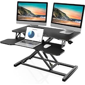 FITUEYES Height Adjustable Standing Desk 32" Wide Sit to Stand Converter Stand Up Desk Tabletop Workstation for Dual Monitor Riser FSD308001WB