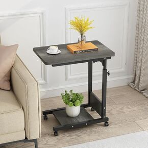 Adjustable C Table Sofa Side Bedside Table, Hospital Bed Table Rolling Tray with Storage, Mobile Computer Desk Laptop Table with Wheels for Home Use(Grey)