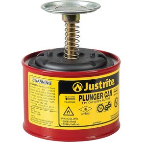 Justrite Plunger Can for Solvents, 2 Quarts Capacity, 7.4" x 7.25" Steel Push-Down Solvent Dispenser Can, Made in The USA Industrial Mechanic Tools, Red, 10208