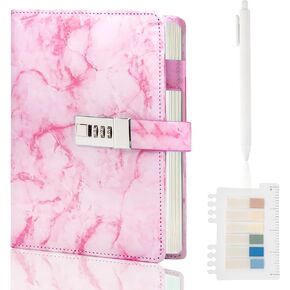 Marble Diary with Lock, 192 Pages College Ruled Secret Journal with Lock, Waterproof Diary with Lock, A5 Journal with Lock, Cute Diary Stuff for Teen Girls (Purple)