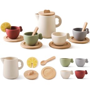 Tea Party Set for Kids - Wooden Tea Set for Little Girls 14PCS Silicone Toddler Tea Set Kitchen Accessories Pretend Play Toy Tea Set for Toddlers - Birthday Gift