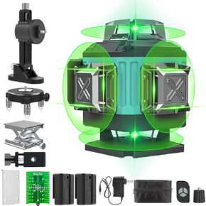 16 Lines Laser Level Self Leveling, 4x360° 4D Green Cross Line Lazer Level Tool with 2 Rechargable Batteries,Two 360° Vertical and Two 360° Horizontal Laser Dimmable brightness & Remote Controller