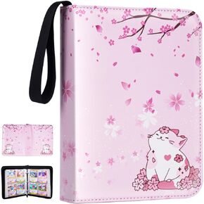 Card Binder for Girls Gifts,440 Cards Collectible Trading Card Holder Case with 55 Sleeves, 4 Pocket for TCG Game Cards Collection Sports Trading Cards Collector Album (Sakura cat)
