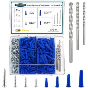 Conical Concrete Wall Anchors and Screws Assortment Kit, 228 Pcs Masonry Anchors with 3PCs Drill Bit,114 Brick Wall Anchors and 114 Self Tapping Screws, Blue