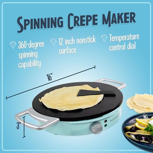 Nostalgia 12-Inch Spinning Crepe Maker for Pancake Breakfast Art with Non-Stick Cooking Griddle, Spatula and Batter Spreader Included in Saudi Arabia