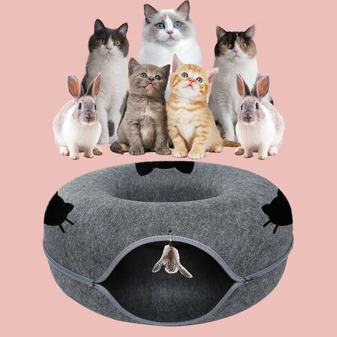Large Cat Tunnel Bed for Indoor Cats,Donut Cat Bed with One Toy,Suitable Cat Tunnel for All Seasons Cat Condo and Peekaboo Cat Cave, 24X24X11 Inch - Dark Grey in Saudi Arabia
