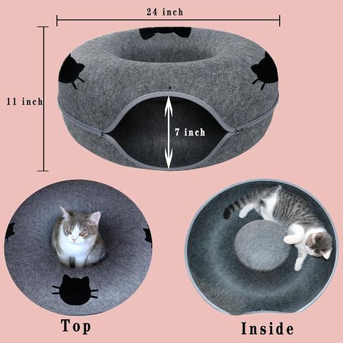 Large Cat Tunnel Bed for Indoor Cats,Donut Cat Bed with One Toy,Suitable Cat Tunnel for All Seasons Cat Condo and Peekaboo Cat Cave, 24X24X11 Inch - Dark Grey in Saudi Arabia