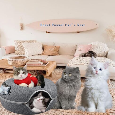 Large Cat Tunnel Bed for Indoor Cats,Donut Cat Bed with One Toy,Suitable Cat Tunnel for All Seasons Cat Condo and Peekaboo Cat Cave, 24X24X11 Inch - Dark Grey in Saudi Arabia