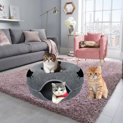 Large Cat Tunnel Bed for Indoor Cats,Donut Cat Bed with One Toy,Suitable Cat Tunnel for All Seasons Cat Condo and Peekaboo Cat Cave, 24X24X11 Inch - Dark Grey in Saudi Arabia