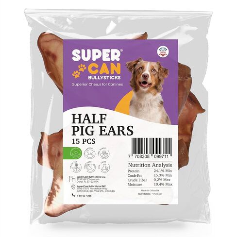 SUPER CAN BULLYSTICKS Natural Half Pig Ears for Dogs (15 Count) - 100% Natural Pork Ear - Dog Chews for Medium-Large Dogs Easily Digestible Dog Snack in Saudi Arabia