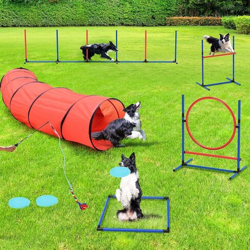 YITAHOME Dog Agility Equipments, Includes Flirt Pole Toy, 3 Flying Discs, 1 Agility Tunnel, 2 Jumps, 6 Weave Poles, Pause Box, Agility Course Set for Backyard, Indoor, Outdoor in Saudi Arabia