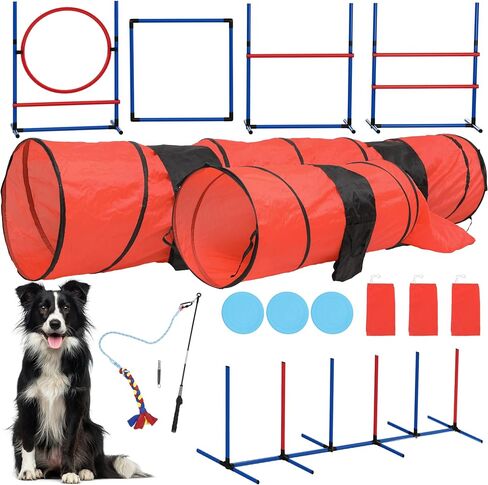 YITAHOME Dog Agility Equipments, Includes Flirt Pole Toy, 3 Flying Discs, 1 Agility Tunnel, 2 Jumps, 6 Weave Poles, Pause Box, Agility Course Set for Backyard, Indoor, Outdoor in Saudi Arabia