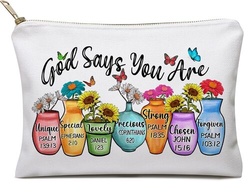 God Says You Are Makeup Bag, Christian Gifts for Women, Friendship Gifts, Gifts for Friends, Positive Message, Motivational Gift for Her, Bible Verses and Vase Fusion Design Cute Cosmetic Bags in Saudi Arabia