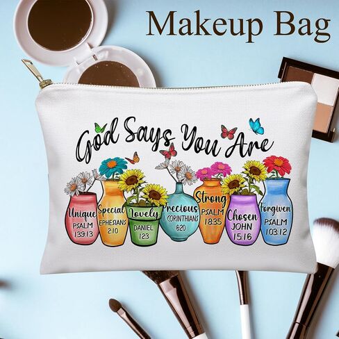 God Says You Are Makeup Bag, Christian Gifts for Women, Friendship Gifts, Gifts for Friends, Positive Message, Motivational Gift for Her, Bible Verses and Vase Fusion Design Cute Cosmetic Bags in Saudi Arabia