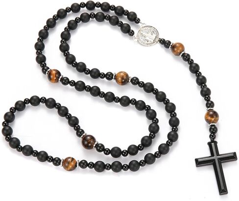 Black Rosary for Men, Christian Rosary Bead Cross Necklace, Matte Agate Beads Cross Pendant Necklace for Men, Praying Rosary Y Chain Necklace Jewelry (W) in Saudi Arabia