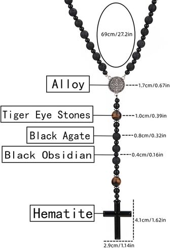 Black Rosary for Men, Christian Rosary Bead Cross Necklace, Matte Agate Beads Cross Pendant Necklace for Men, Praying Rosary Y Chain Necklace Jewelry (W) in Saudi Arabia